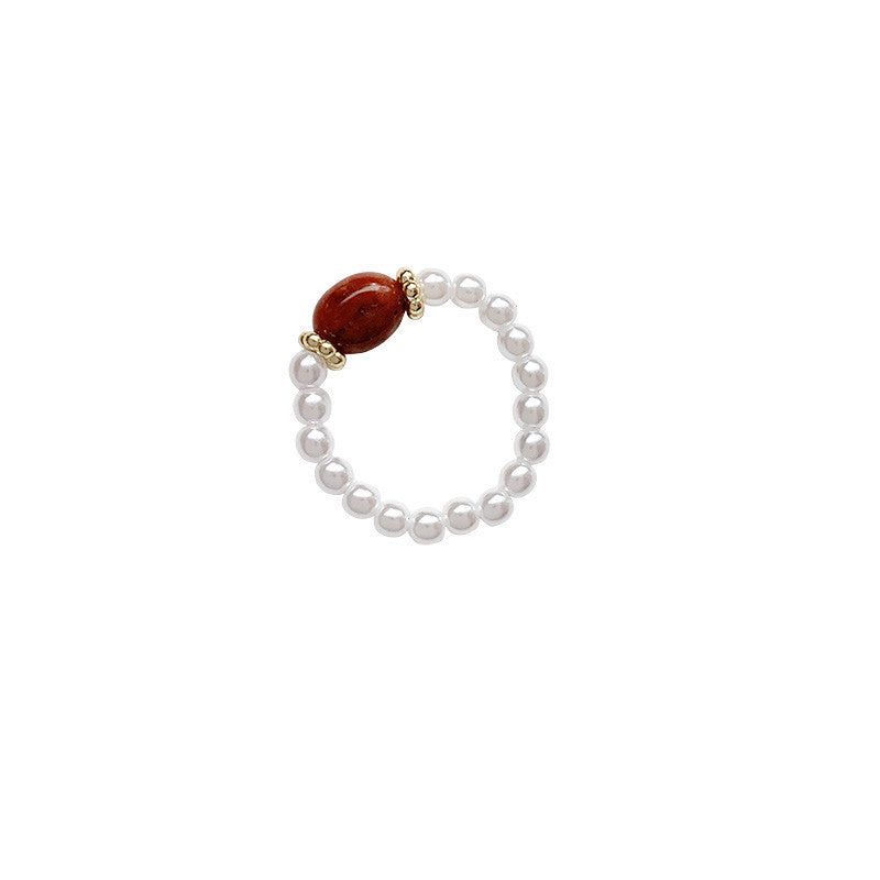 image-Vintage Pearl Ring - Alloy + Pearl + Synthetic Stone - 21mm Outer Diameter