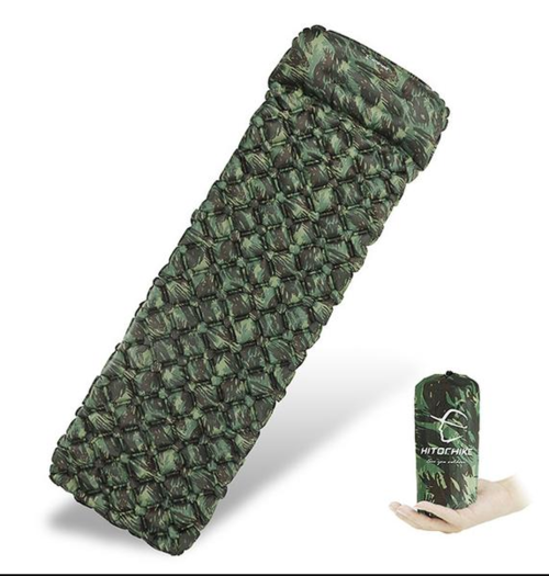 image-Inflatable Camo Sleeping Pad - Waterproof Nylon Camping Mat