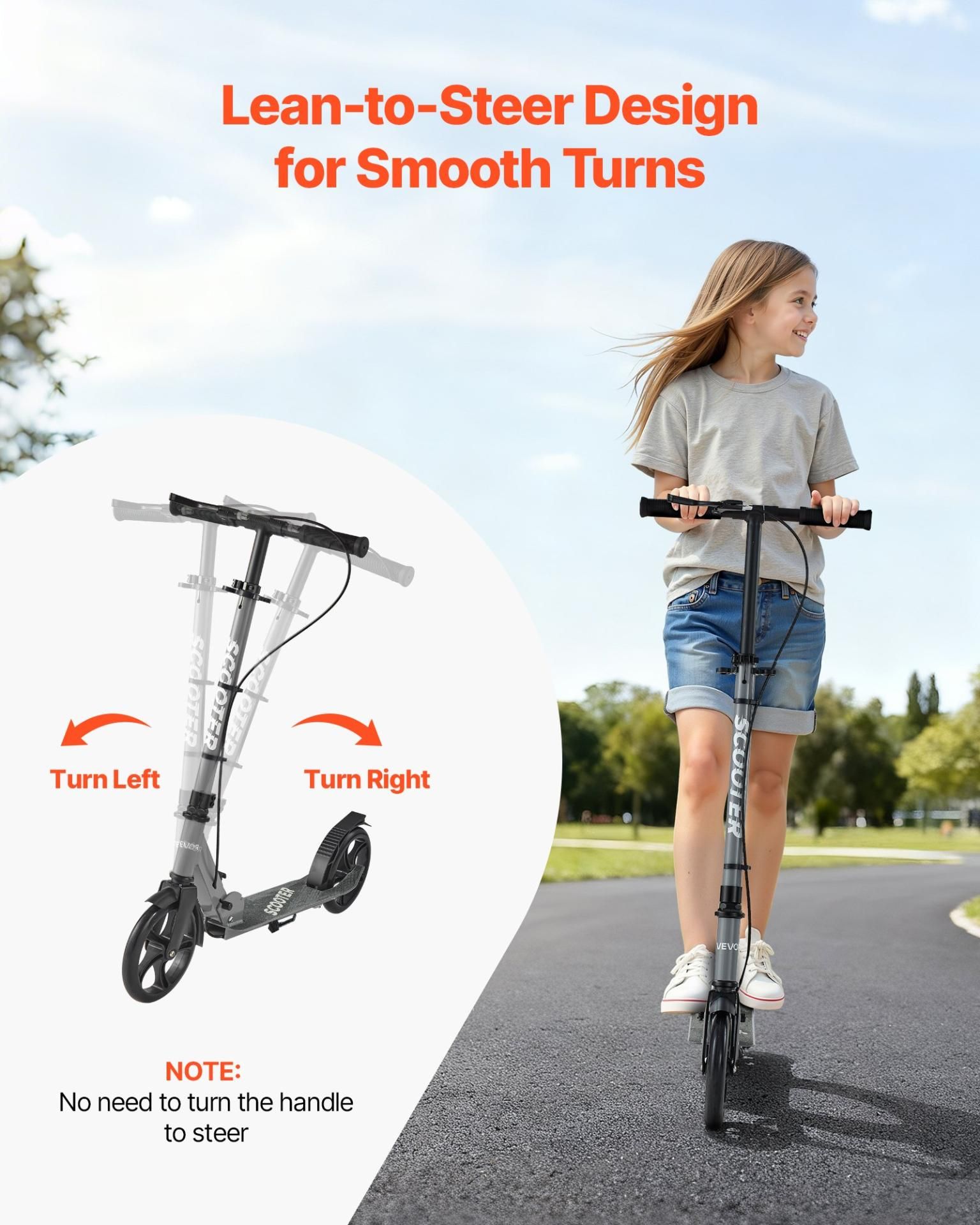 image-VEVOR Foldable Kick Scooter - Gray Adjustable Height 2-Wheel