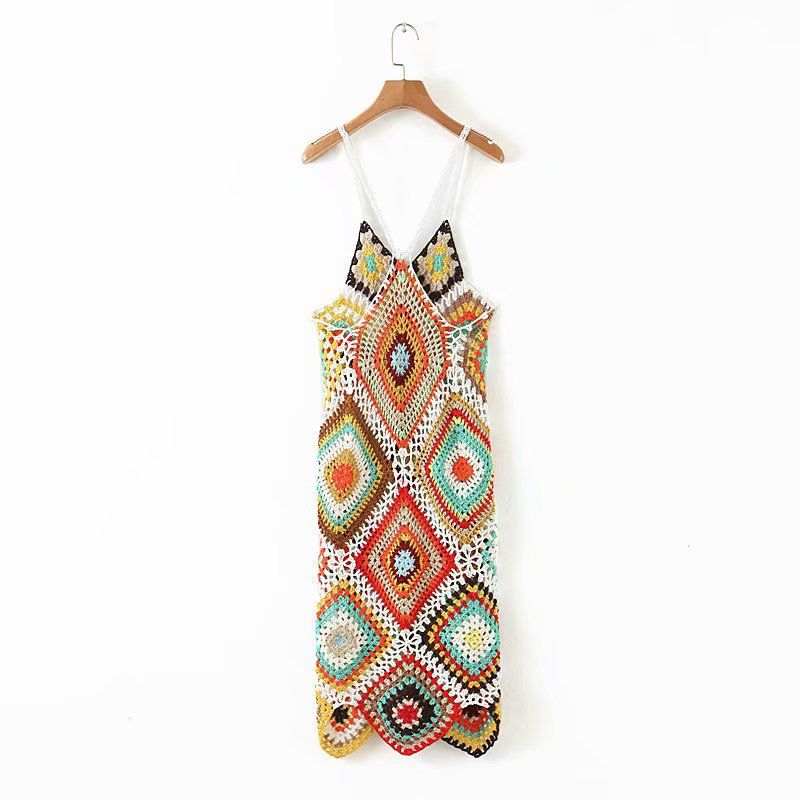 image-Crochet Midi Dress - Two-Tone Open Back Summer