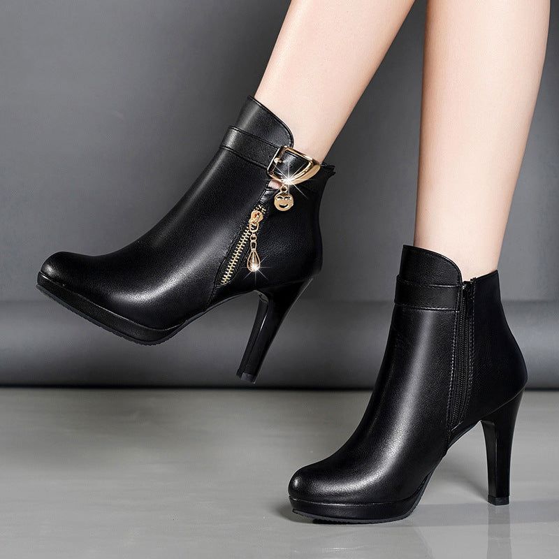image-Women's PU Autumn High Heel Boots - 6-8CM Fine Heel