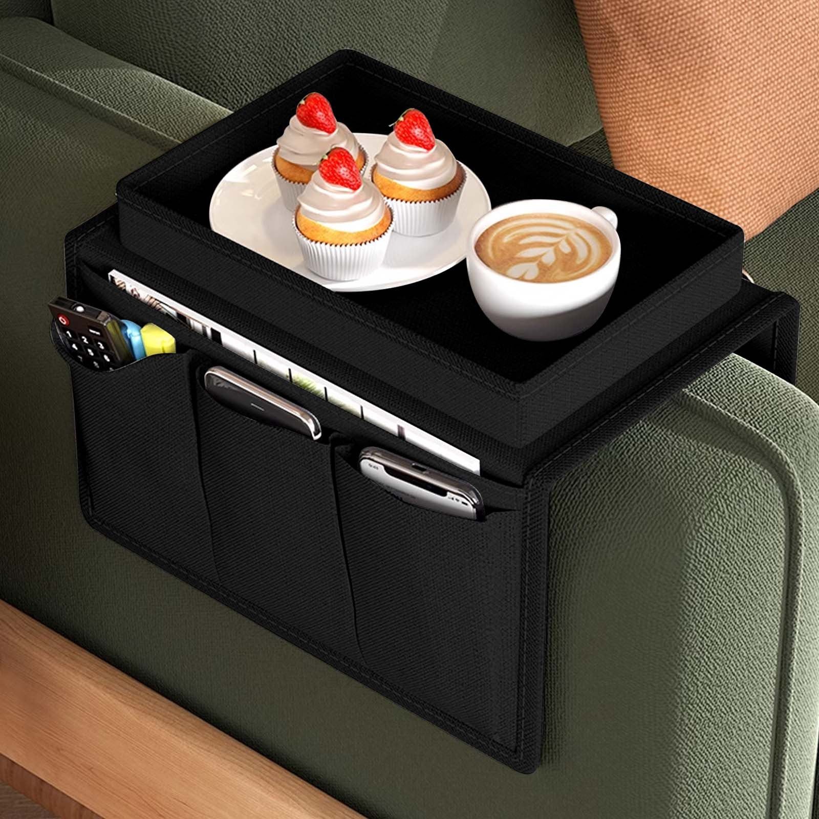 image-Sofa Armrest Organizer with Tray & Pockets - Black Fabric