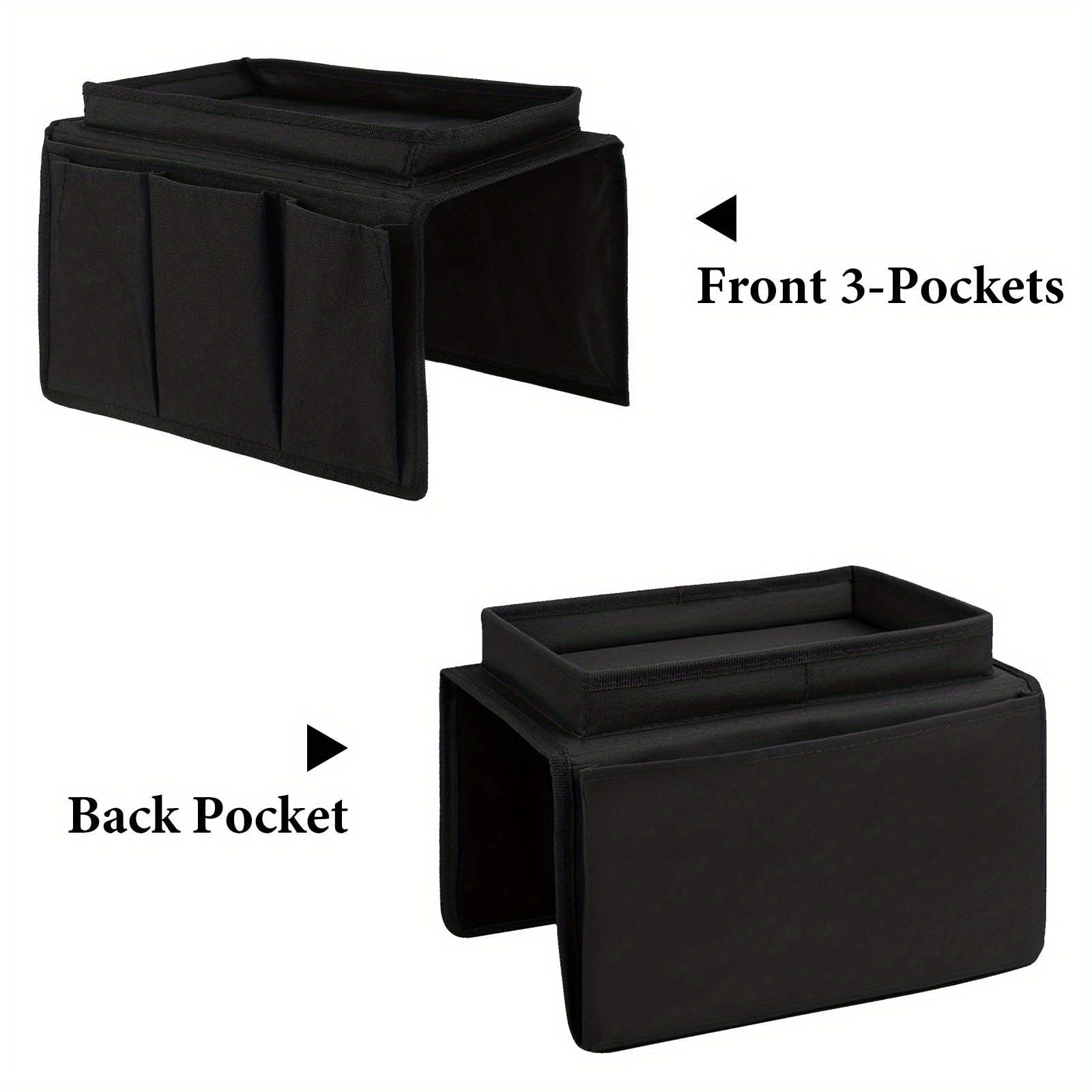 image-Sofa Armrest Organizer with Tray & Pockets - Black Fabric