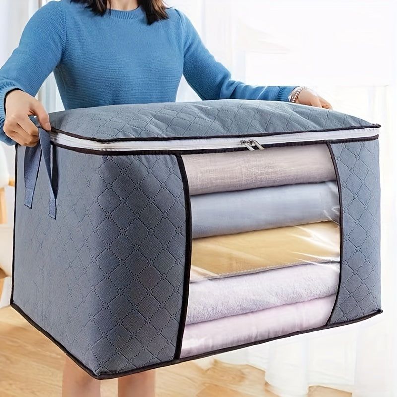image-Quilted Fabric Storage Box with Zipper & Handles - Gray
