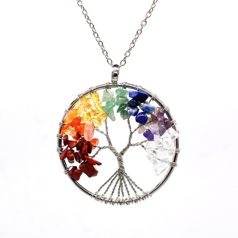 image-Kabala Life Tree Necklace - Copper Wire, Natural Stone, 50cm Leather Cord