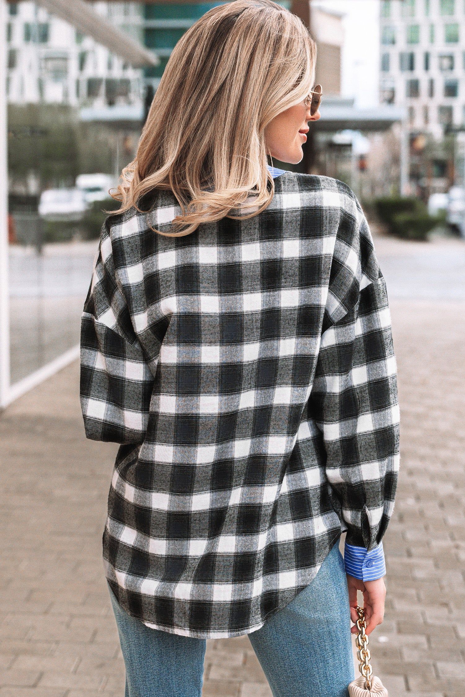 image-Black Contrast Striped Edge Half Placket Plaid Blouse