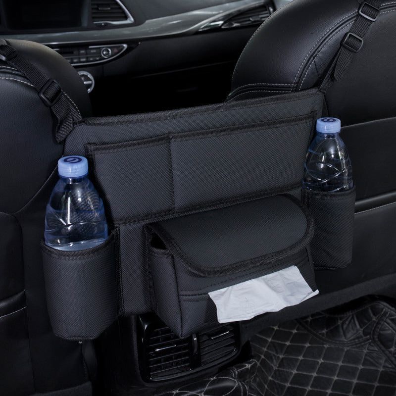 image-Interseat Storage Bag - Black Leather Car Seat Tissue Box