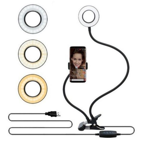 image-LED Ring Light with Phone Holder - 10 Brightness USB