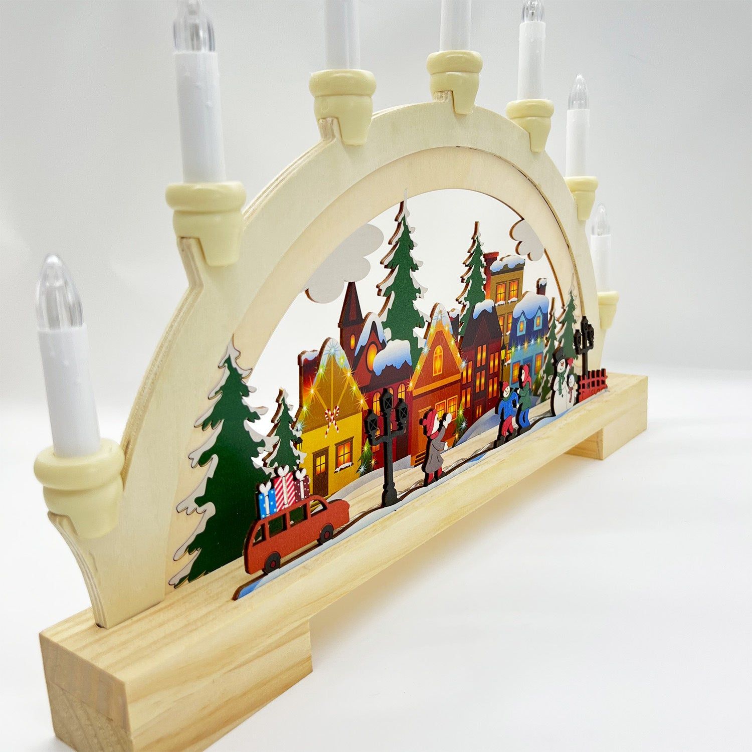 image-Wooden LED Christmas Bridge Lamp Decor - Festive Ambience