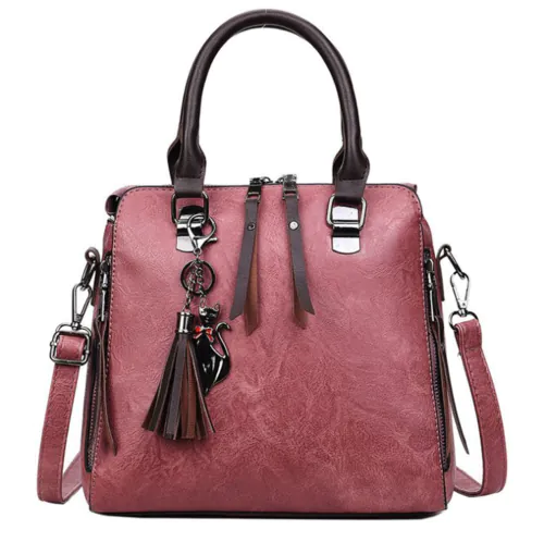 image-Women's Solid Color PU Leather Messenger Bag - 25cm