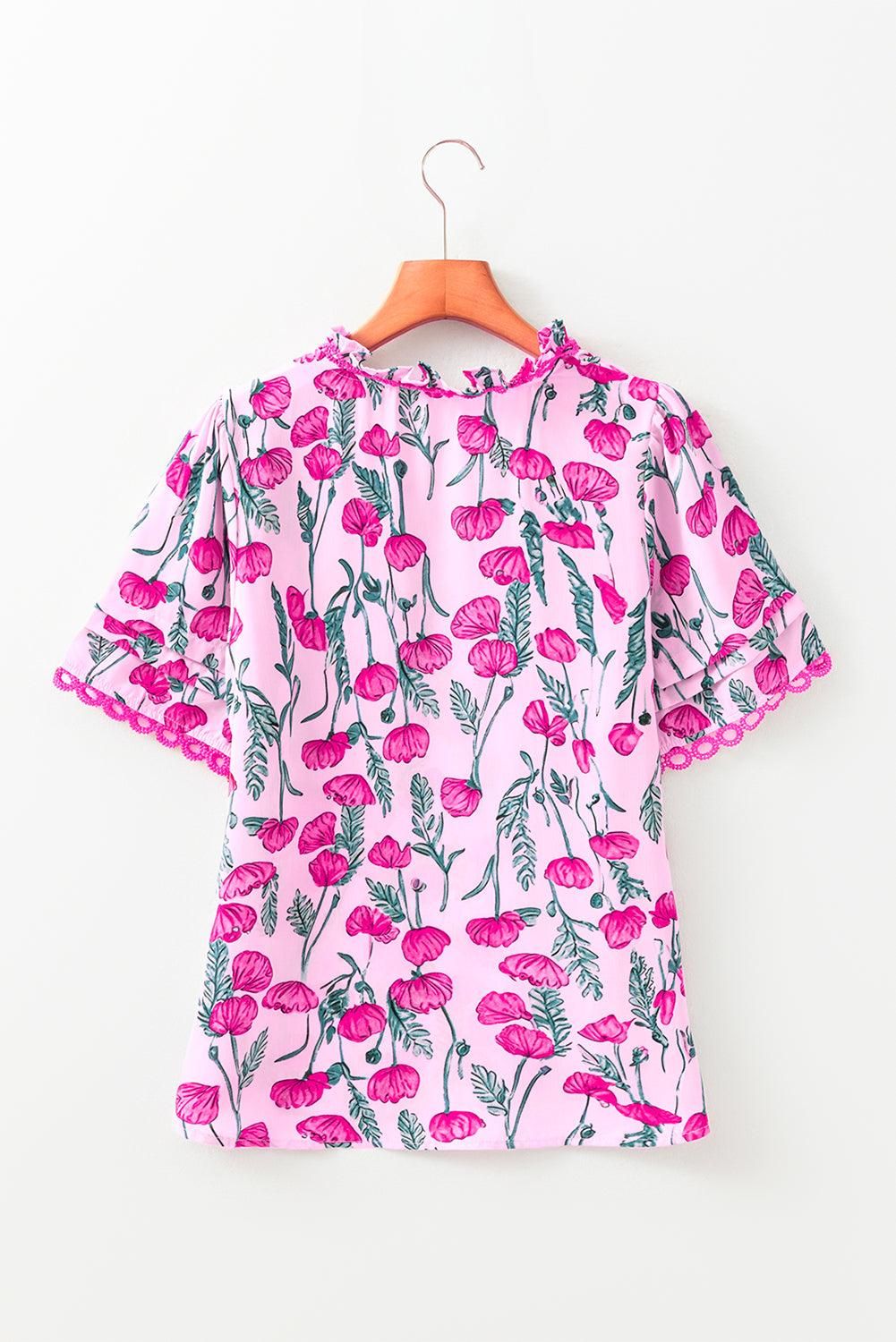 image-Ruby Detail Frilled Floral Summer Blouse - Pink Short Sleeve