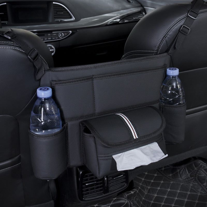 image-Interseat Storage Bag - Black Leather Car Seat Tissue Box