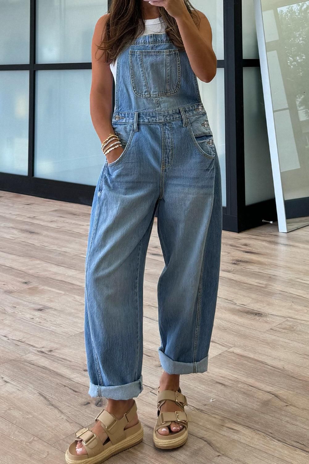 image-Brooklyn Adjustable Buckle Barrel Overalls - Denim