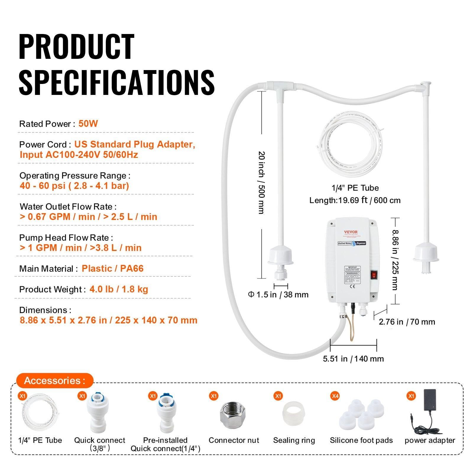 image-VEVOR Bottled Water Dispenser Pump - Double Pipe 5 Gallon System