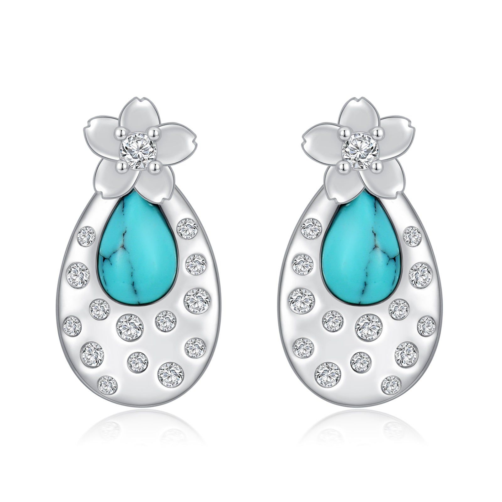 image-Turquoise Cherry Blossom 925 Sterling Silver Stud Earrings - White Gold Plated 