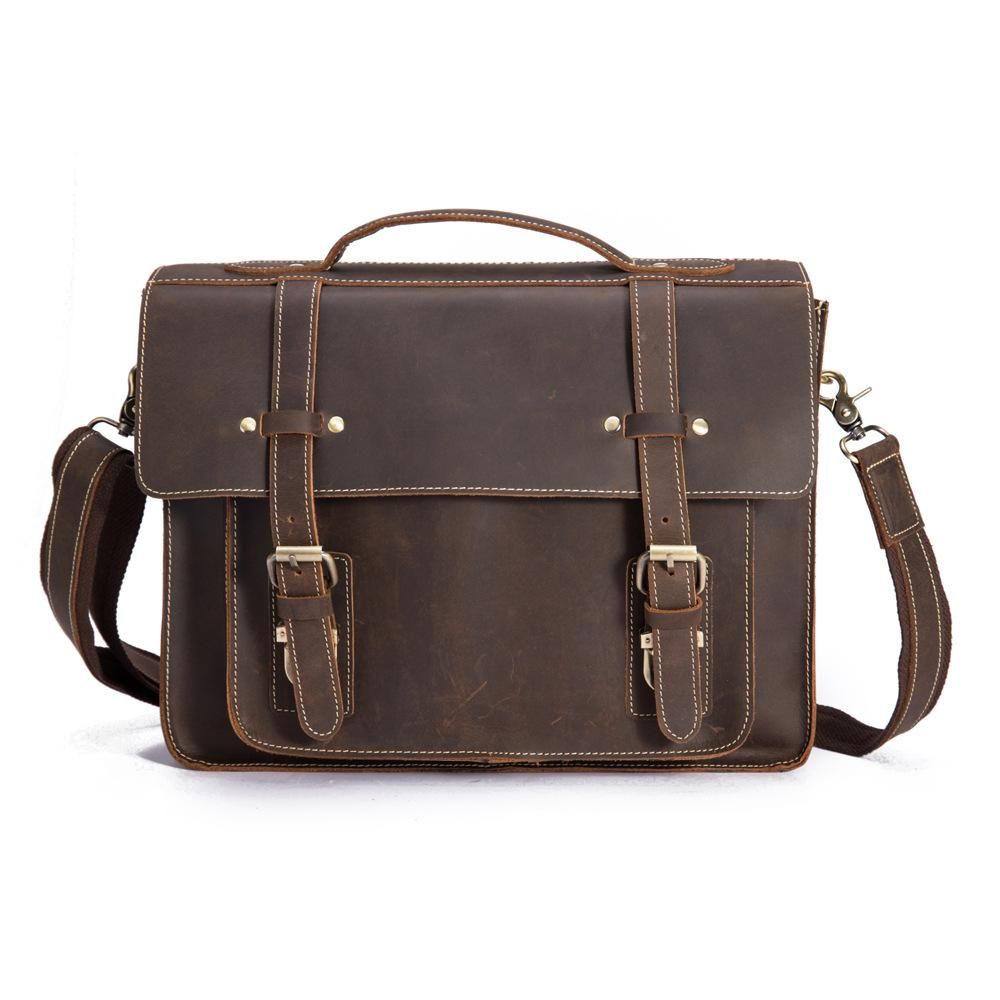 image-Men's Brown Crazy Horse Leather Messenger Bag - 36cm Large 