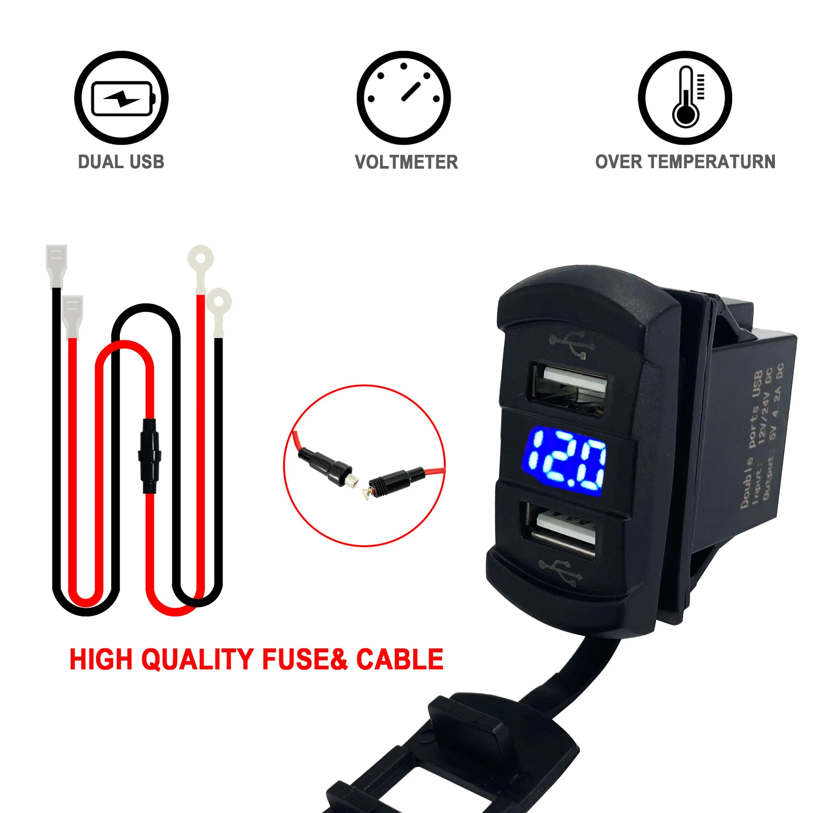 image-12V Dual USB Charger Socket Panel with Blue LED Voltmeter