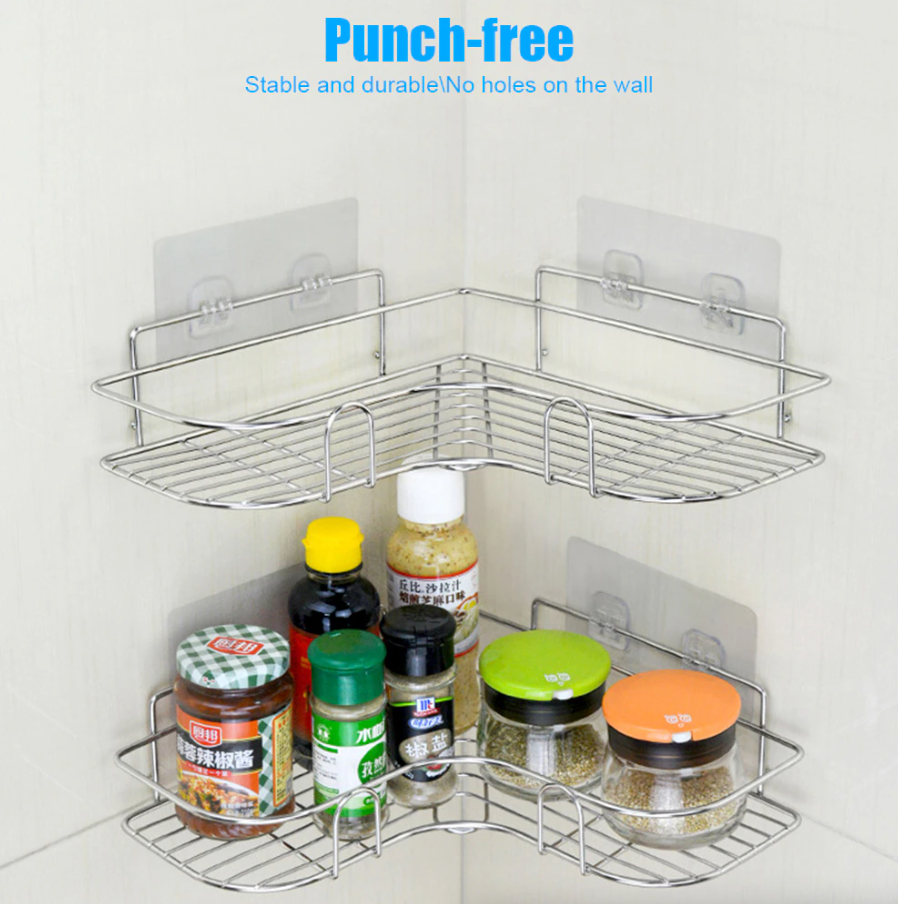 image-SUS304 Stainless Steel Corner Shower Caddy - Rustproof Adhesive Shelf