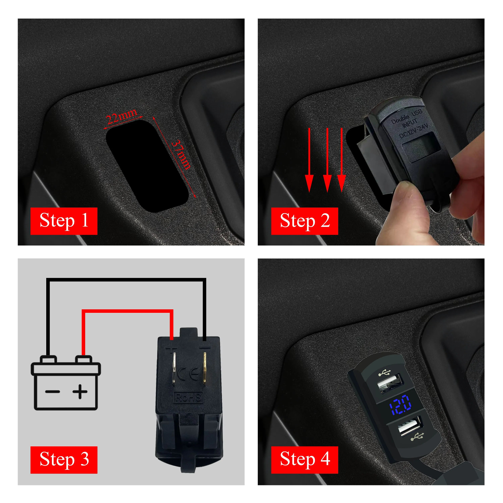 image-12V Dual USB Charger Socket Panel with Blue LED Voltmeter