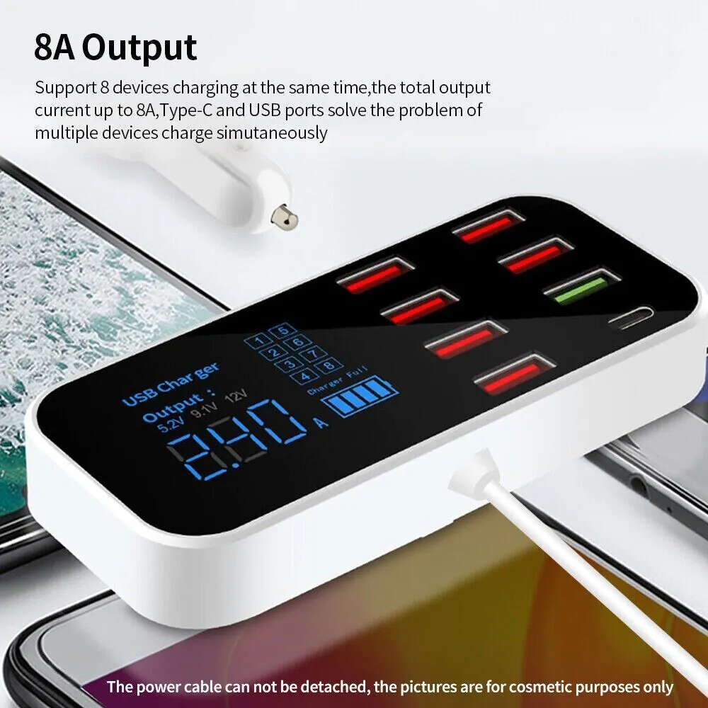 image-8-Port USB Desktop Charging Station - 40W QC3.0 PD LCD Display
