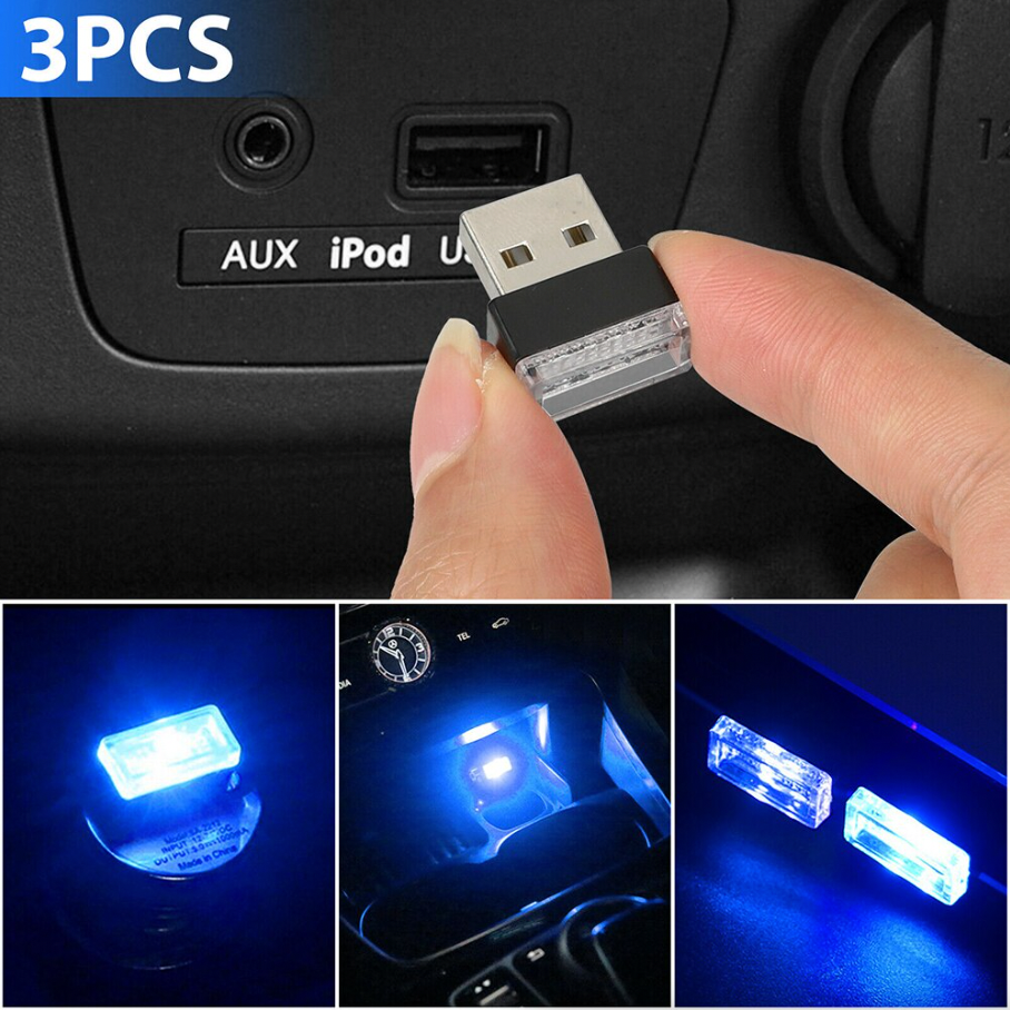 image-3x Mini Blue LED USB Car Interior Ambient Lights - 3-Pack