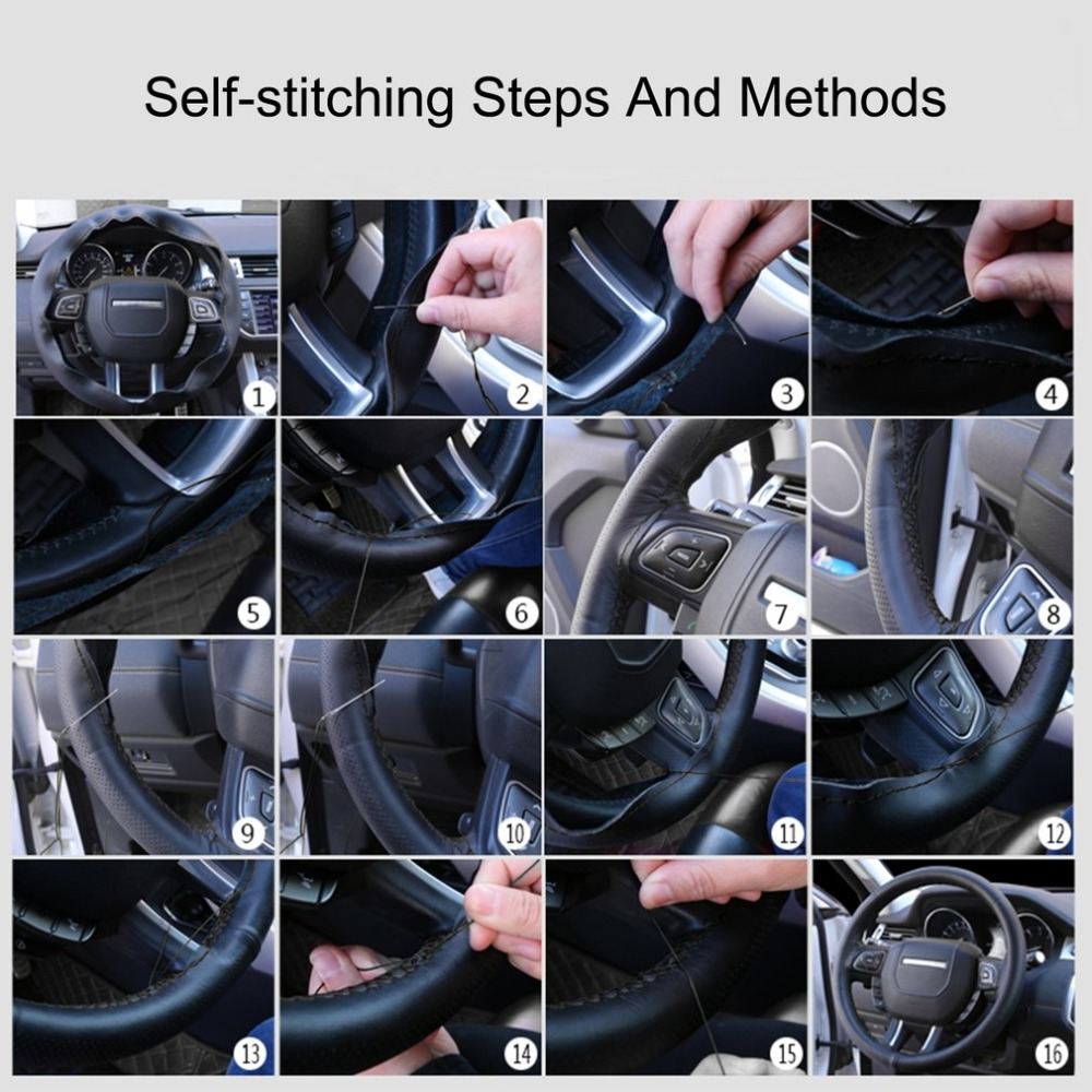 image-Genuine Cowhide Leather DIY Car Steering Wheel Cover - Black 15"