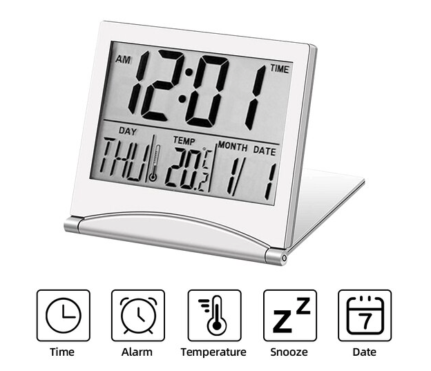 image-Digital Travel Alarm Clock - Foldable LCD Desk Clock with Temperature 