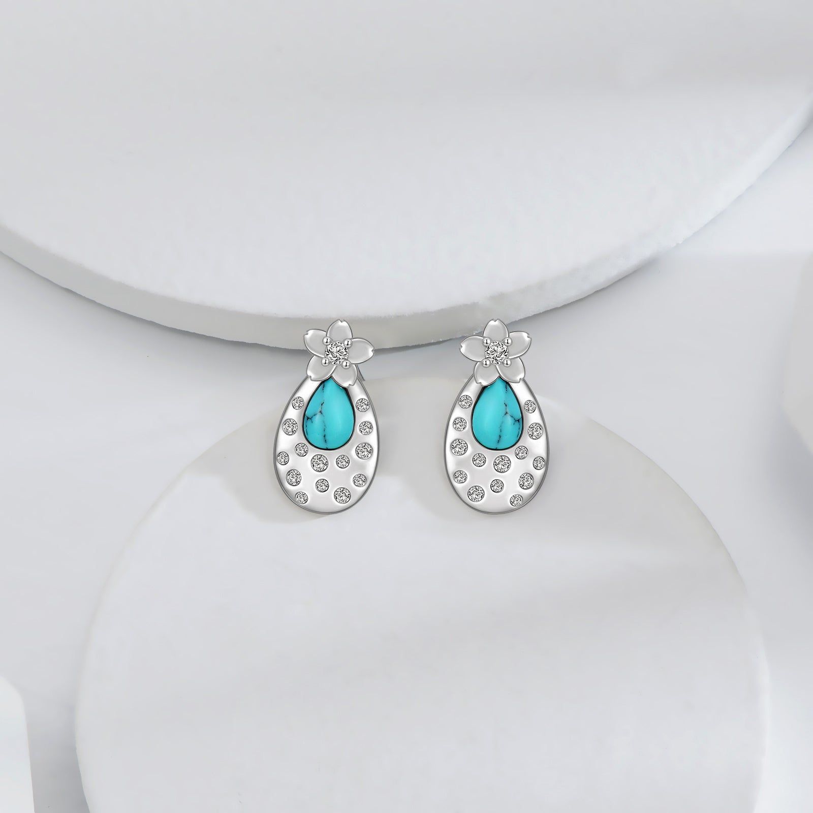 image-Turquoise Cherry Blossom 925 Sterling Silver Stud Earrings - White Gold Plated 