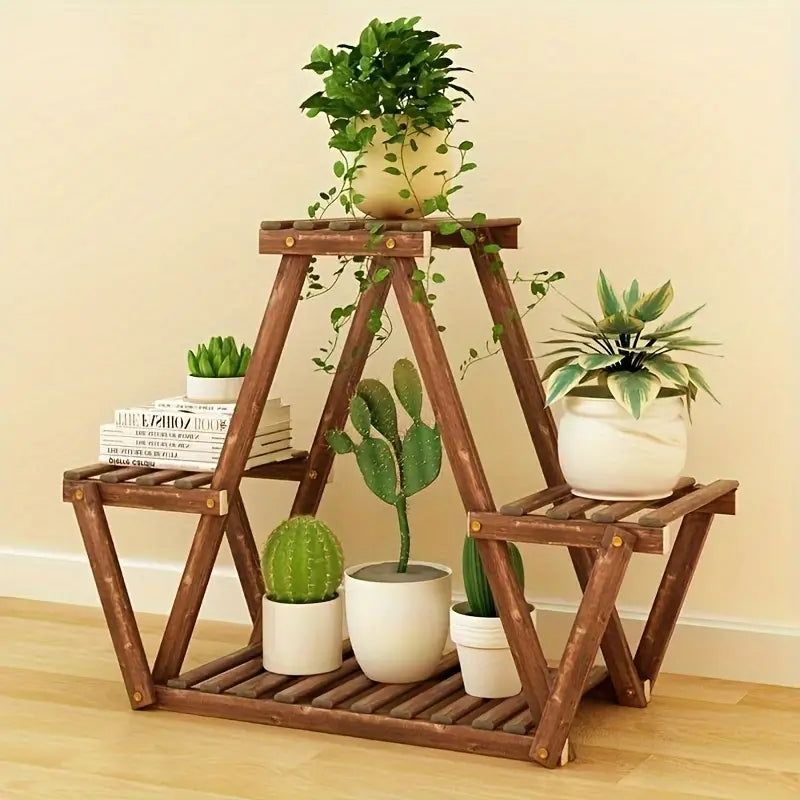 image-Wooden Triangular Multi-Tier Plant Stand - Indoor/Outdoor Shelf