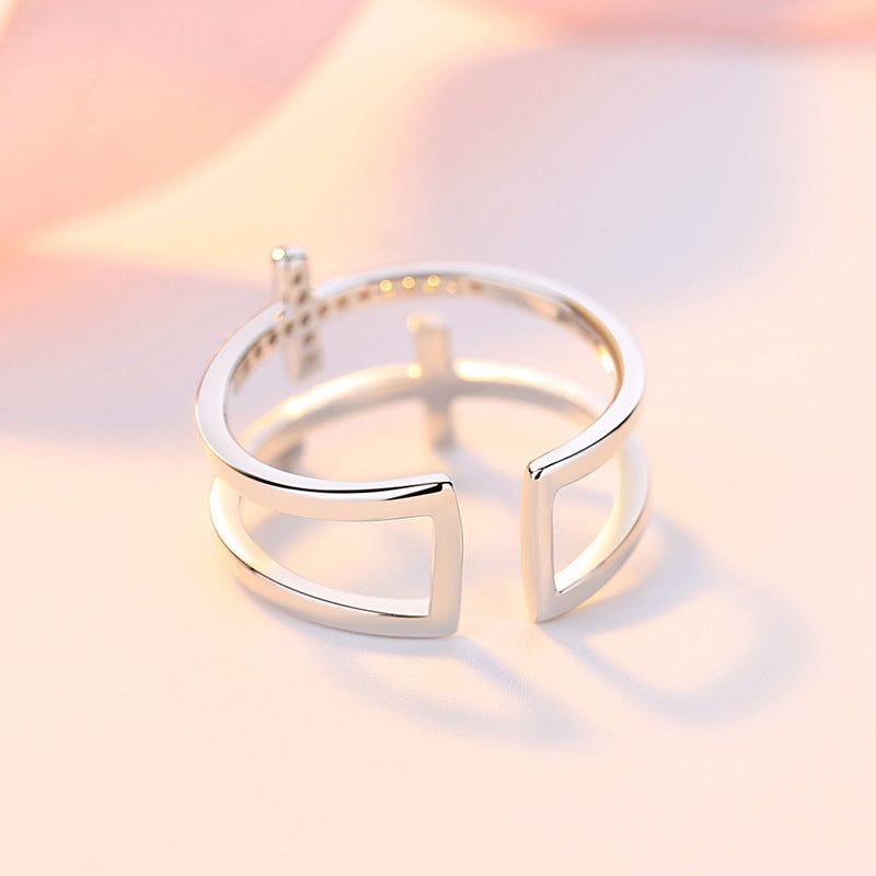 image-Double Cross Copper Inlaid Zircon Ring - White Gold 