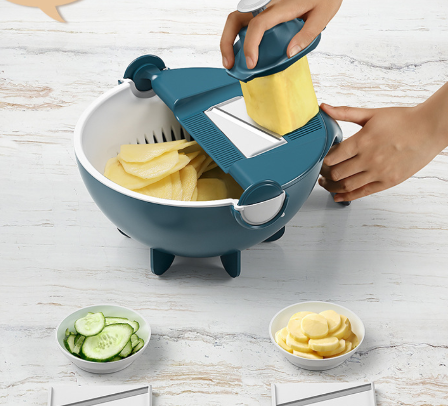image-Nine in One Vegetable Slicer and Drainage Basket - Blue