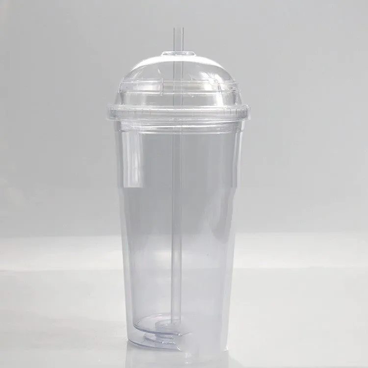 image-Double-layer Plastic 20oz Water Cup with Straw - Transparent 