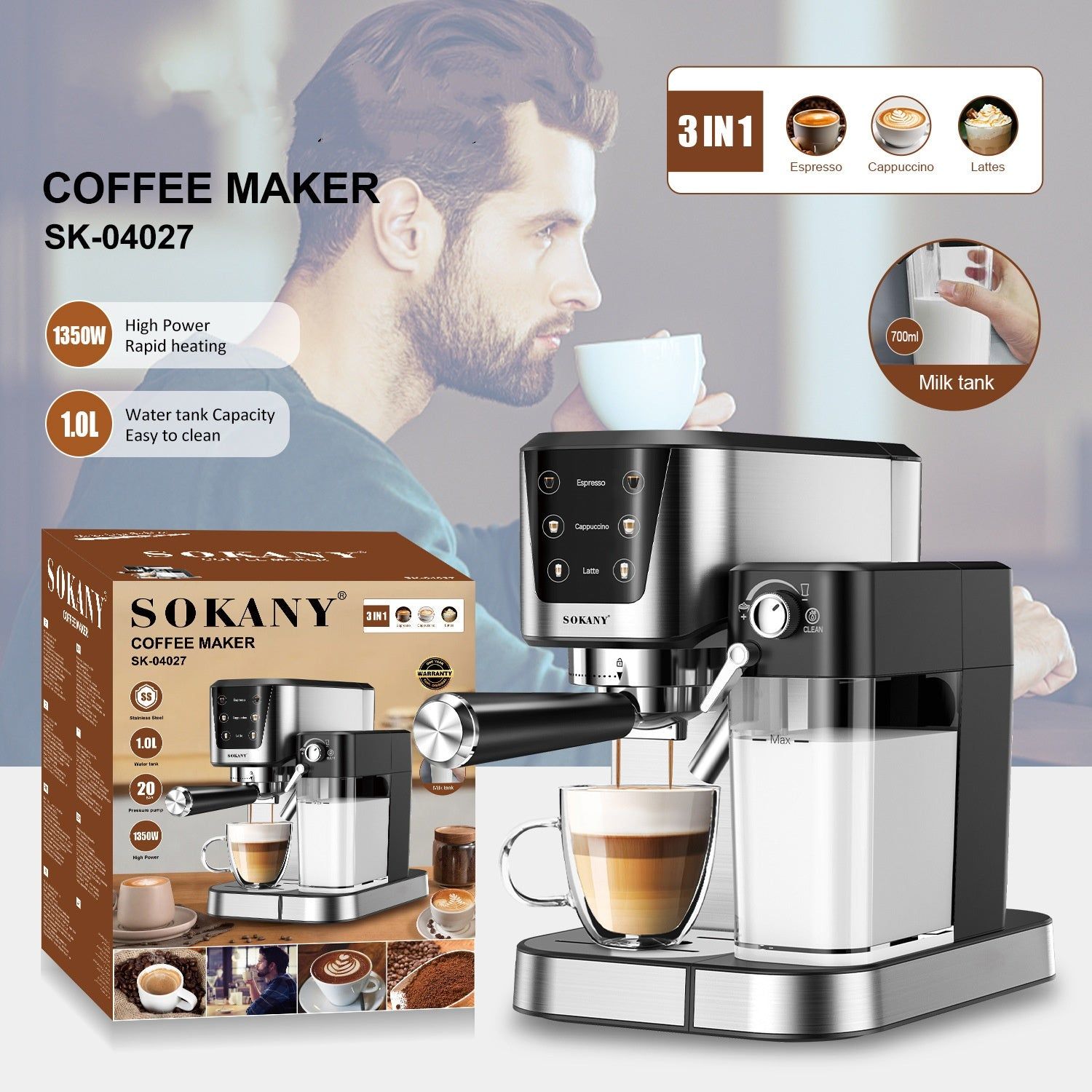 image-Touch Screen Italian Coffee Machine - Stainless Steel