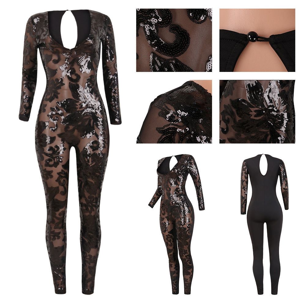 image-Vignia Sequin Pants Suit - Black Deep V Long Sleeve