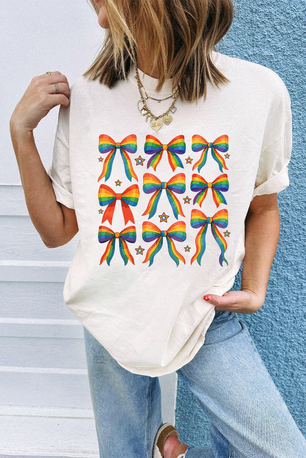 image-White Bow Starry Print Cotton Blend T-Shirt