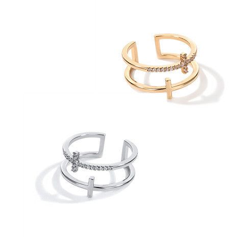 image-Double Cross Copper Inlaid Zircon Ring - White Gold 