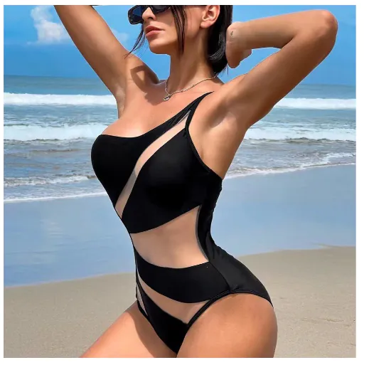 image-Sexy Hollow Sheer One-Piece Swimsuit - Black, S, Polyester