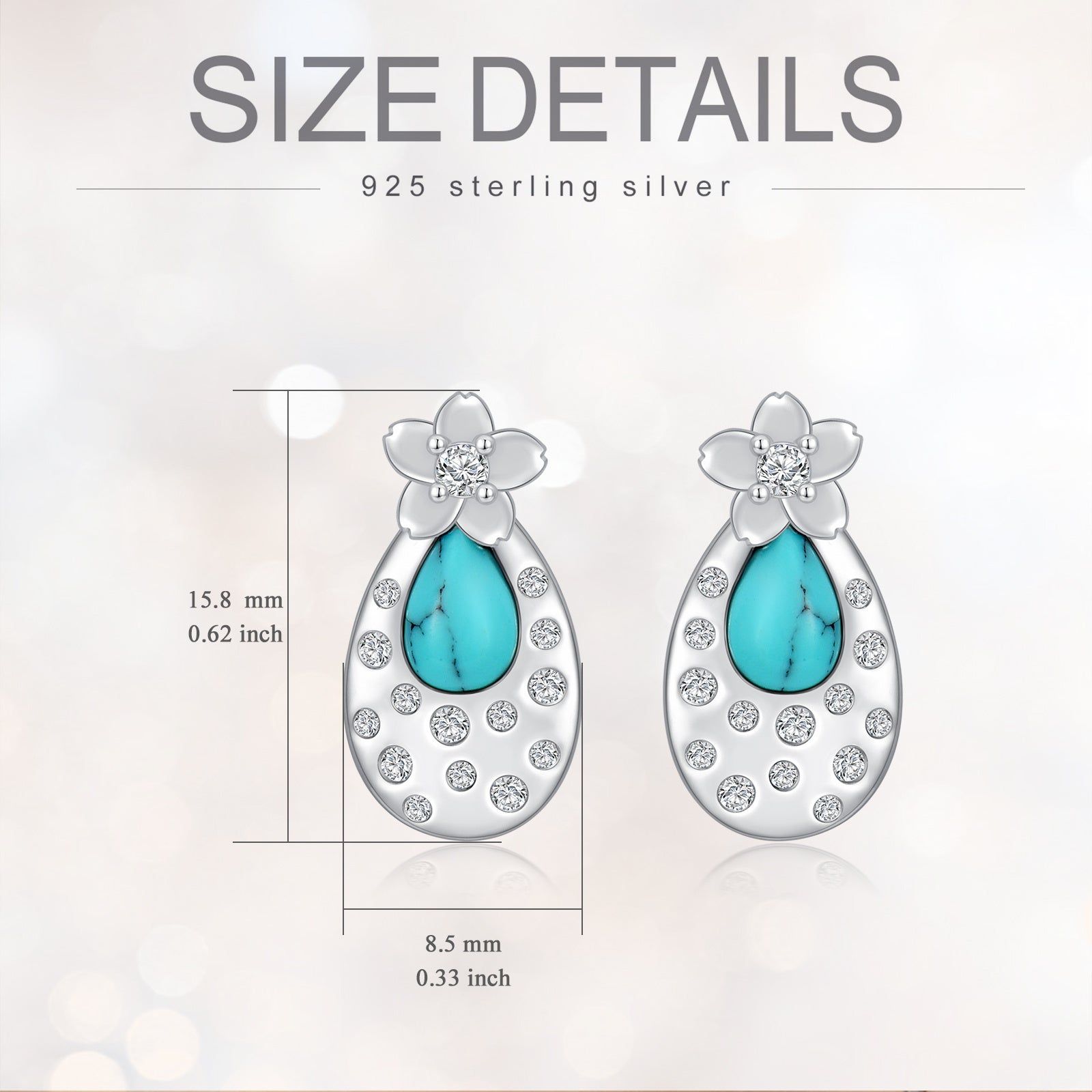 image-Turquoise Cherry Blossom 925 Sterling Silver Stud Earrings - White Gold Plated 