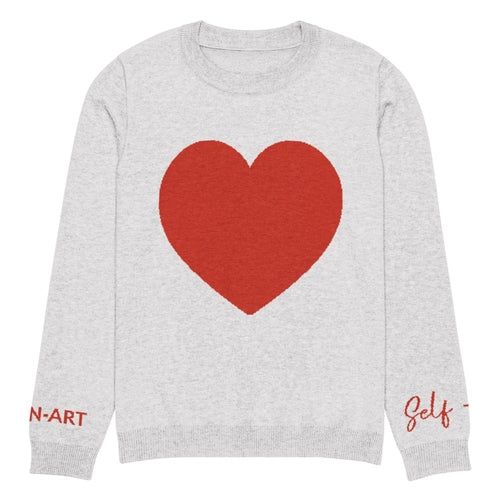 image-Heart Knitted Crew Neck Sweater - Bleach White Cotton Blend
