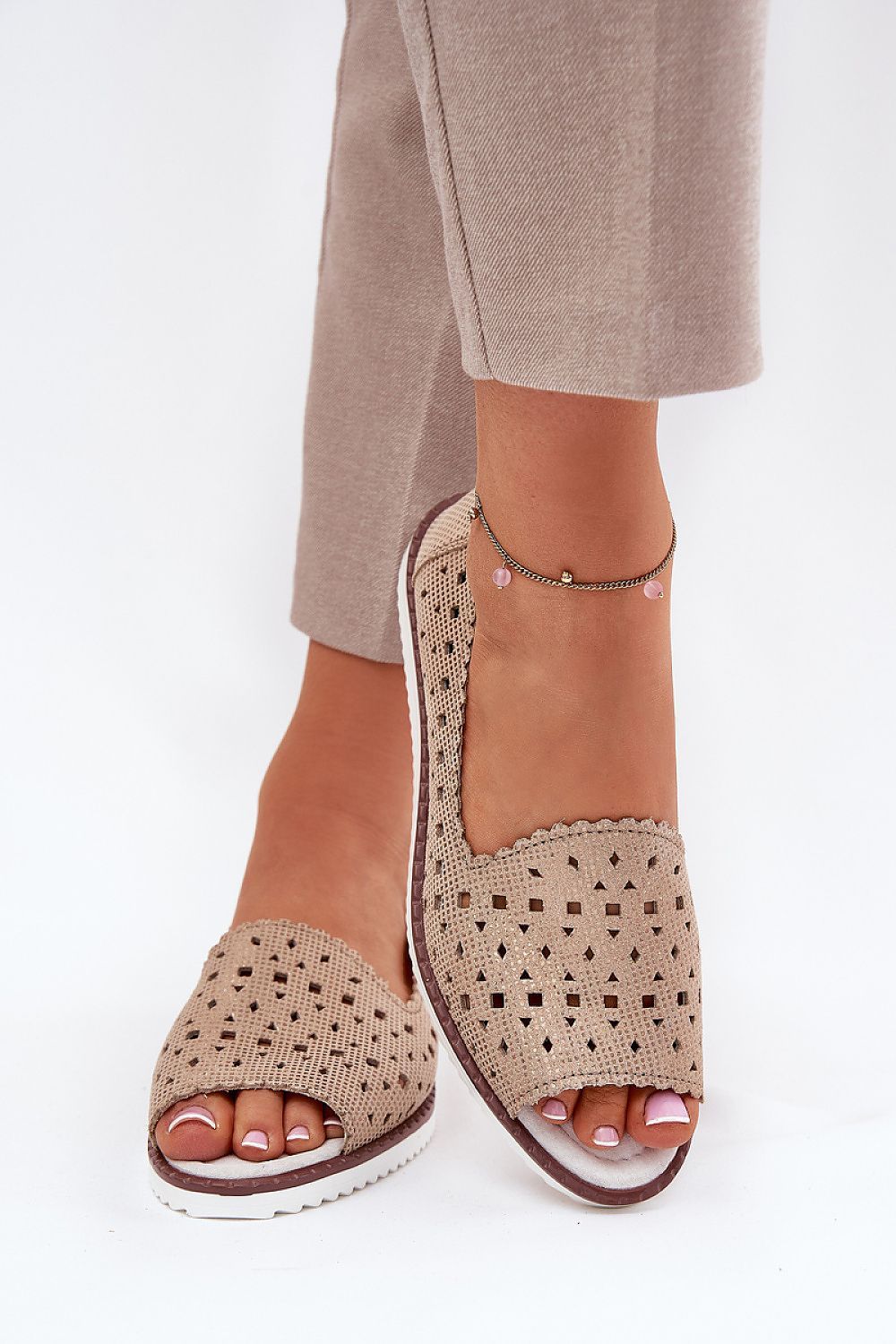image-Women's Open Toe Leather Ballet Flats with Lacy Pattern