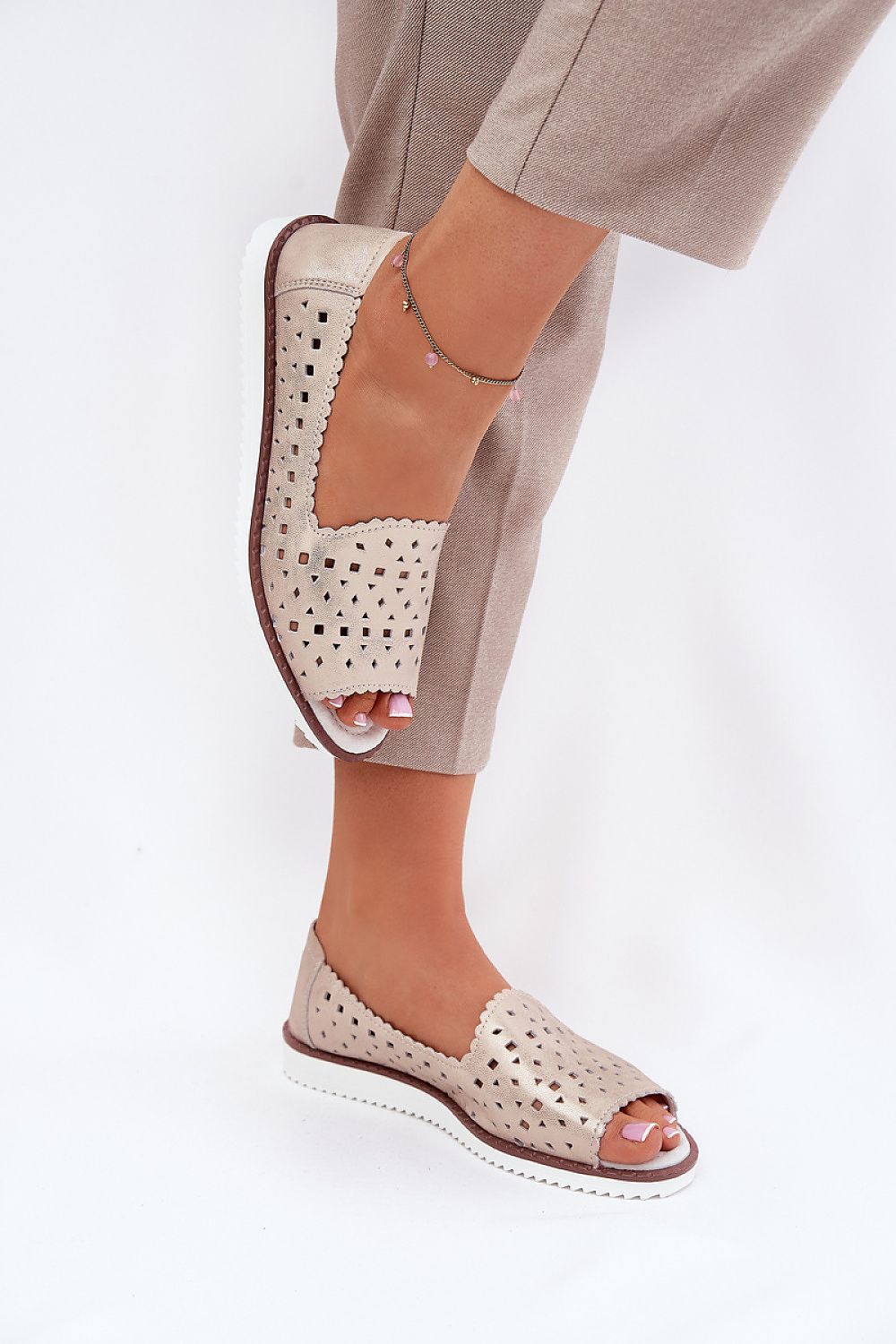 image-Women's Open Toe Leather Ballet Flats with Lacy Pattern