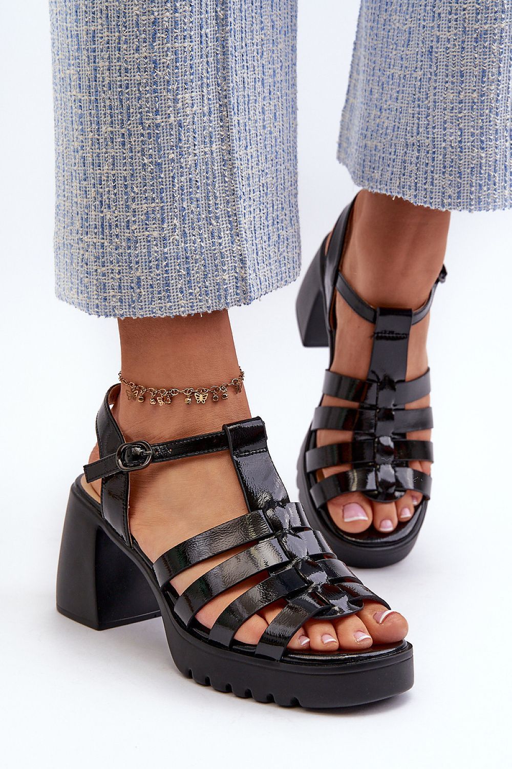 image-Women's Patent Leather Block Heel Sandals