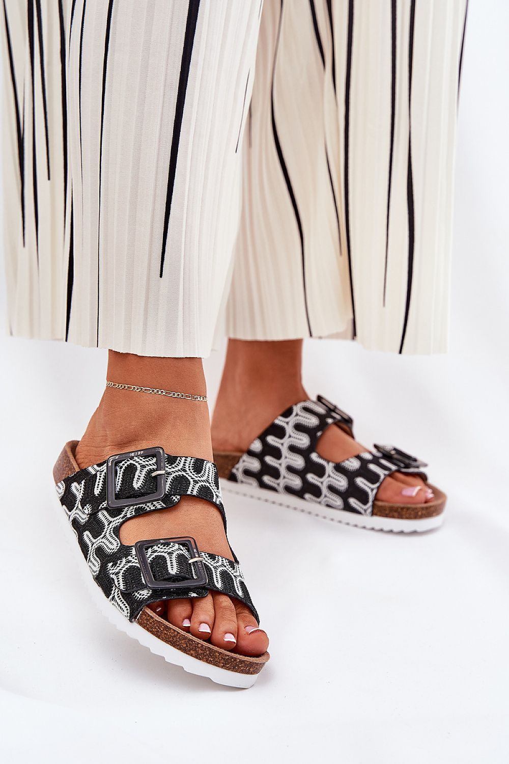 image-Women's Patterned Cork Platform Flip-Flops with Sequin Buckles