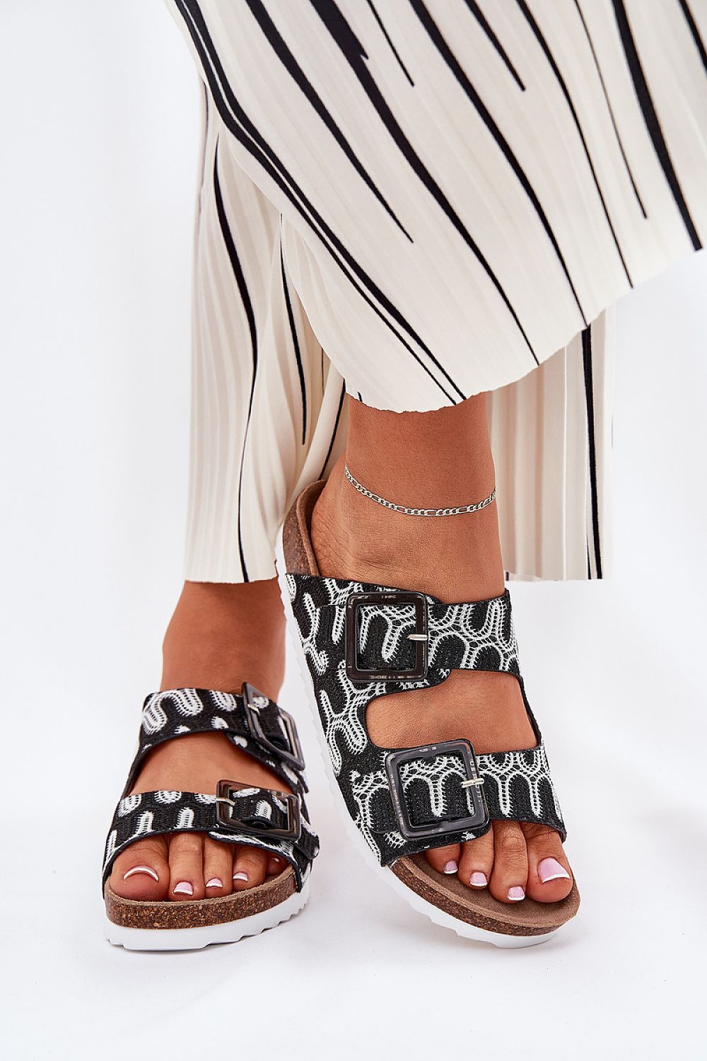 image-Women's Patterned Cork Platform Flip-Flops with Sequin Buckles
