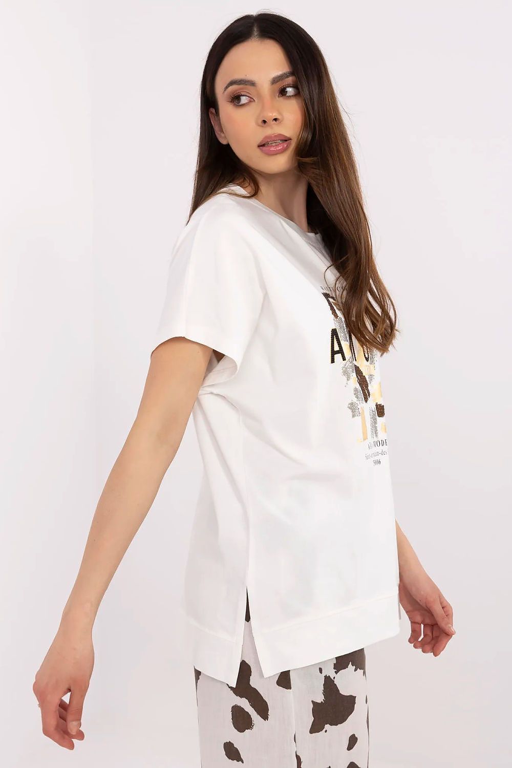 image-Women's Casual Cotton Blouse with Print & Stones