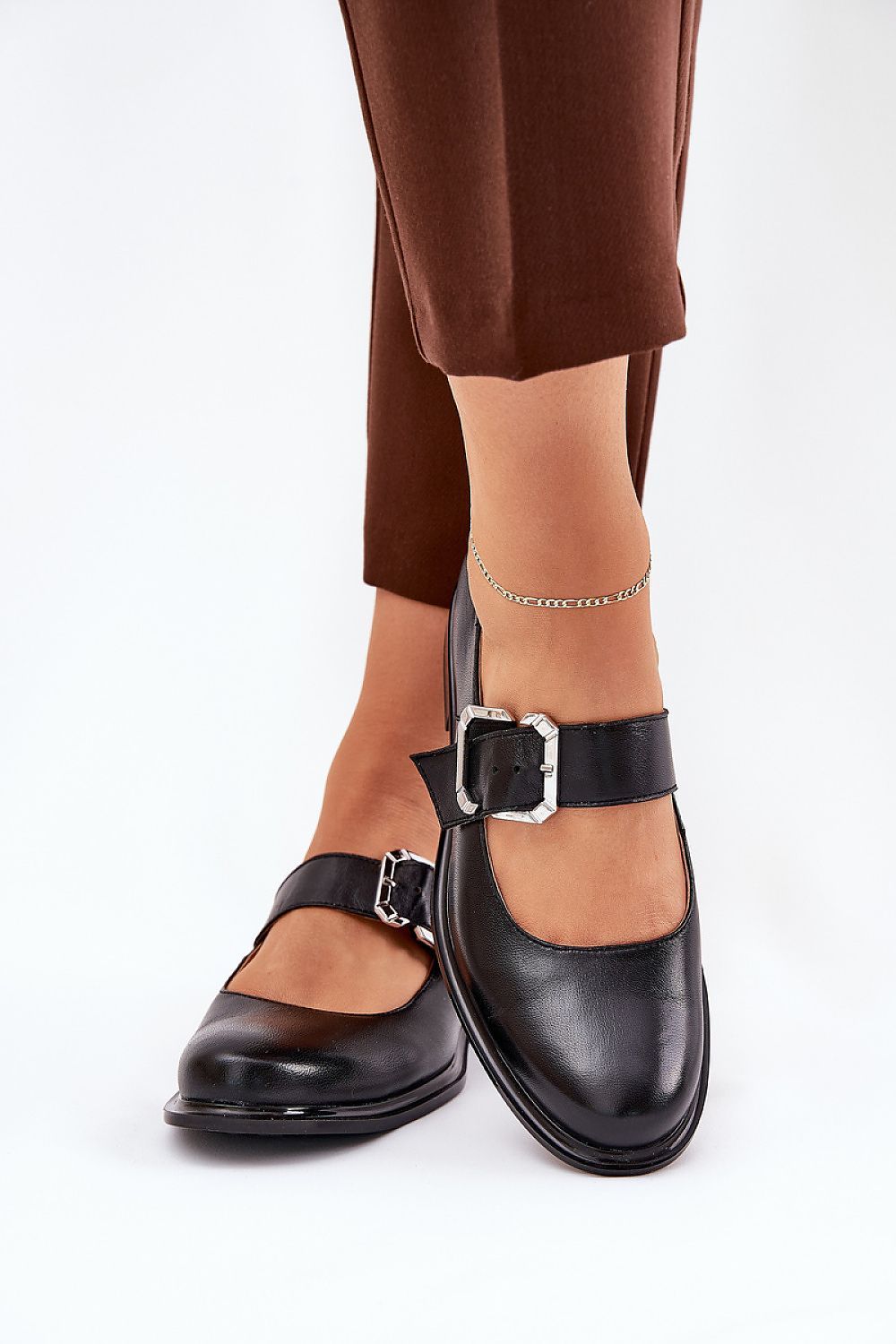 image-Women's Leather Shoes with Buckle Strap Flat Heel