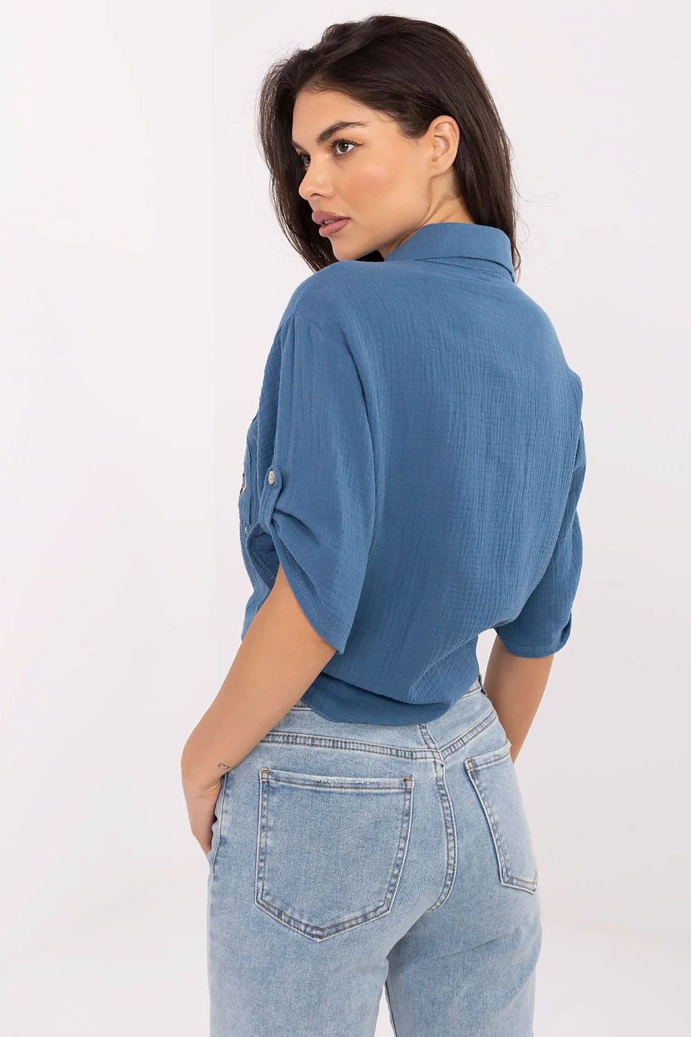 image-Women's Cotton Shirt with 3/4 Sleeves and Tie Detail