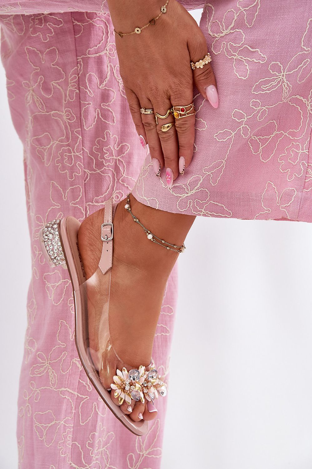 image-Women's Heel Sandals with Crystal Flower Detail