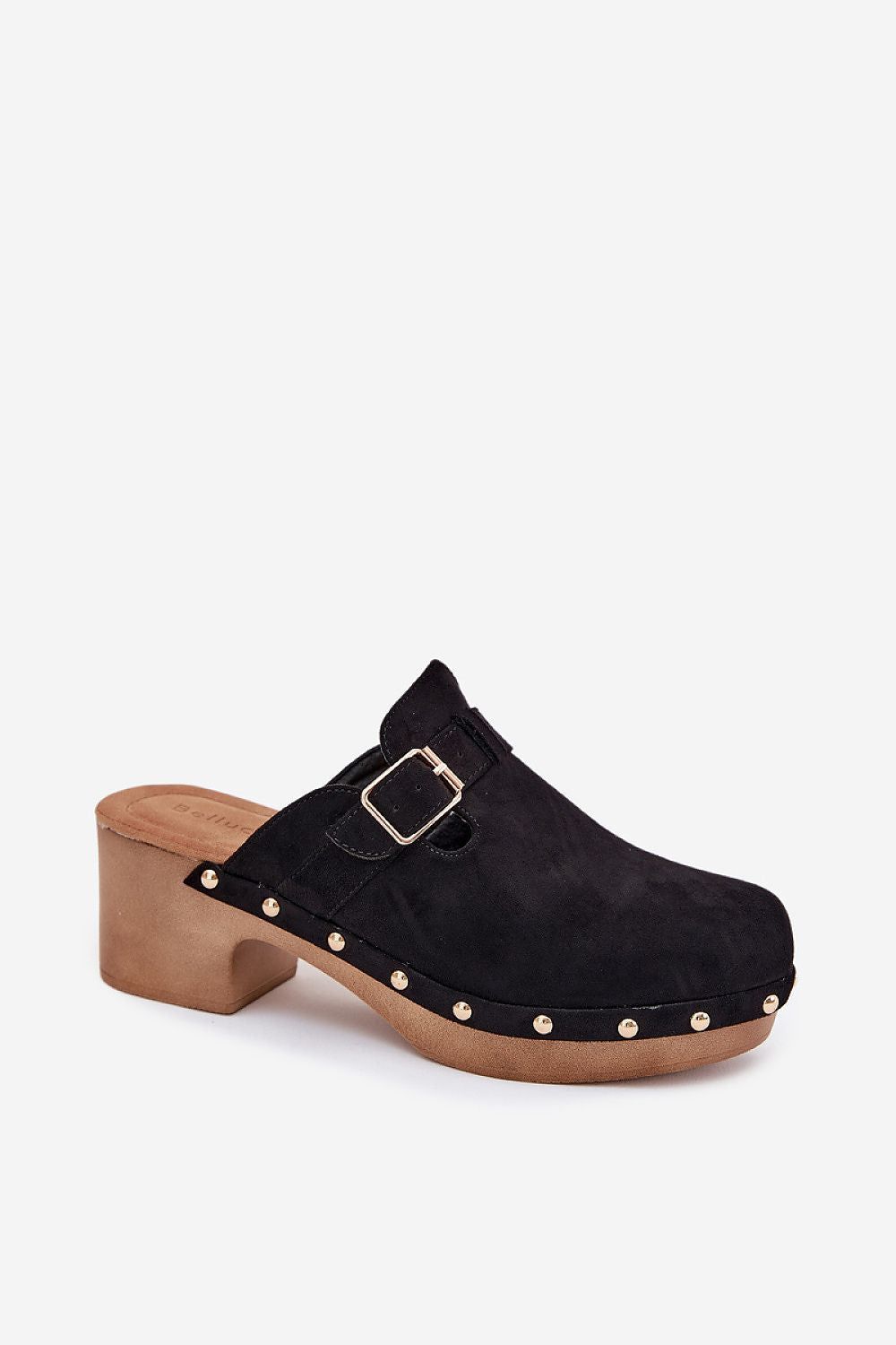 image-Women's Eco Suede Clogs with Gold Buckle Block Heel