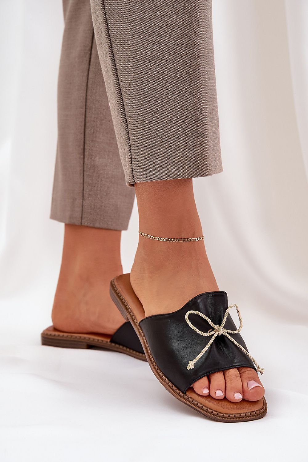 image-Women's Eco Leather Flip-Flops with Bow Detail